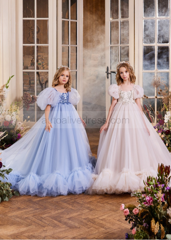 Square Neck Sequined Beaded Lace Tulle Stunning Flower Girl Dress
